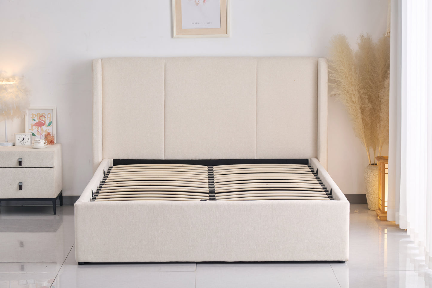 Velocava Queen Size Lift-up Storage Bed Frame with Modern Wingback