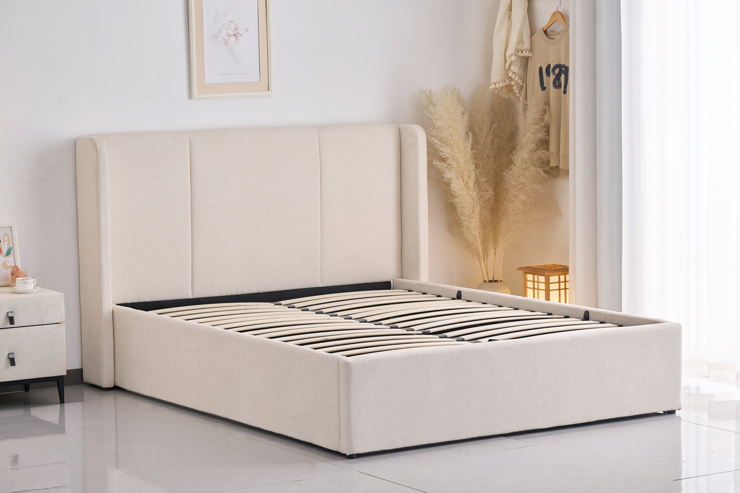 Velocava Queen Size Lift-up Storage Bed Frame with Modern Wingback