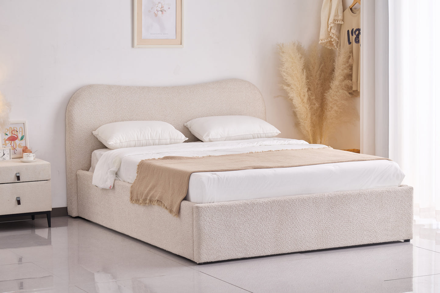 Diana Beige Boucle Upholstered Storage Queen Bed Frame