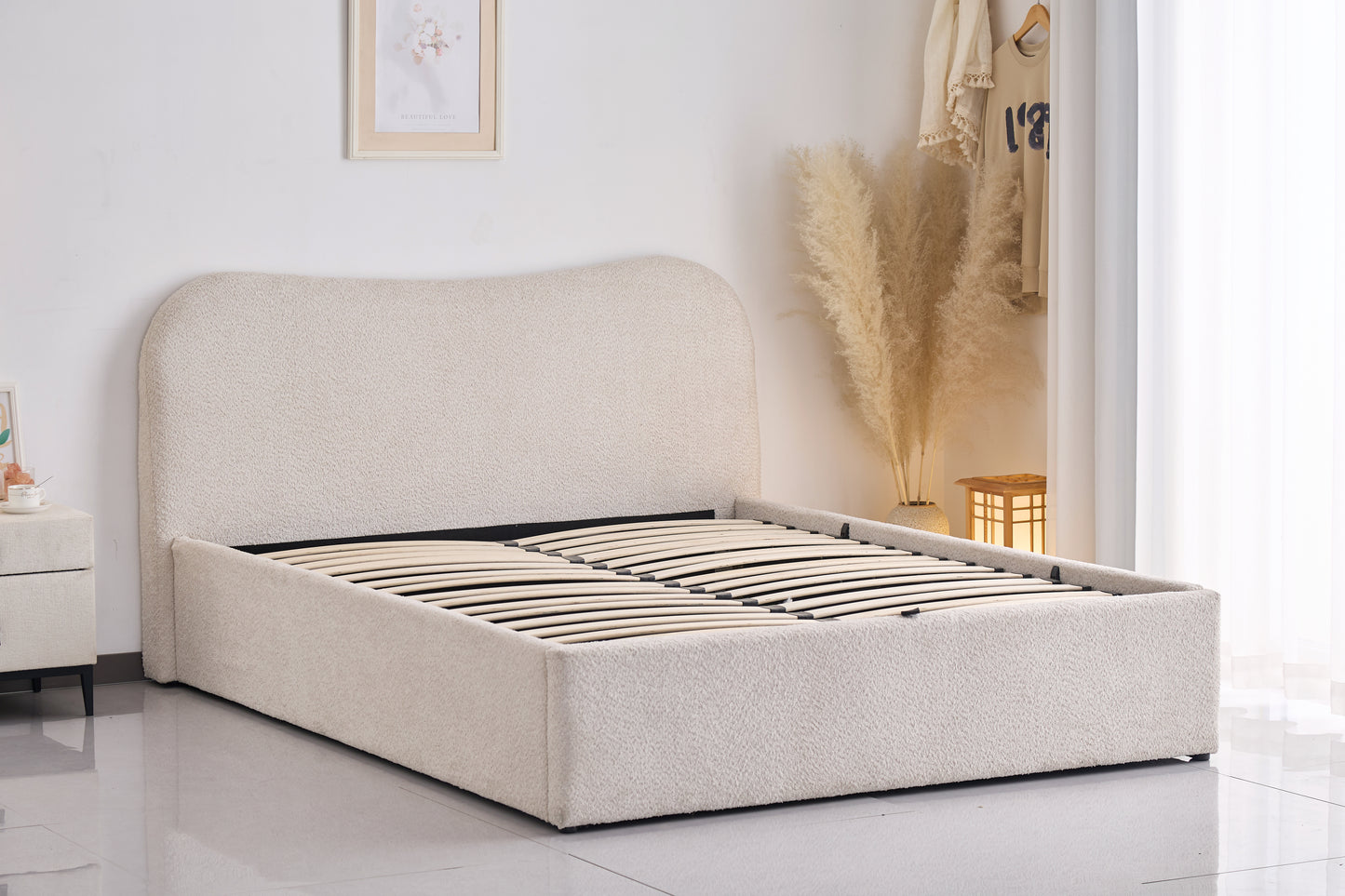 Diana Beige Boucle Upholstered Storage Queen Bed Frame