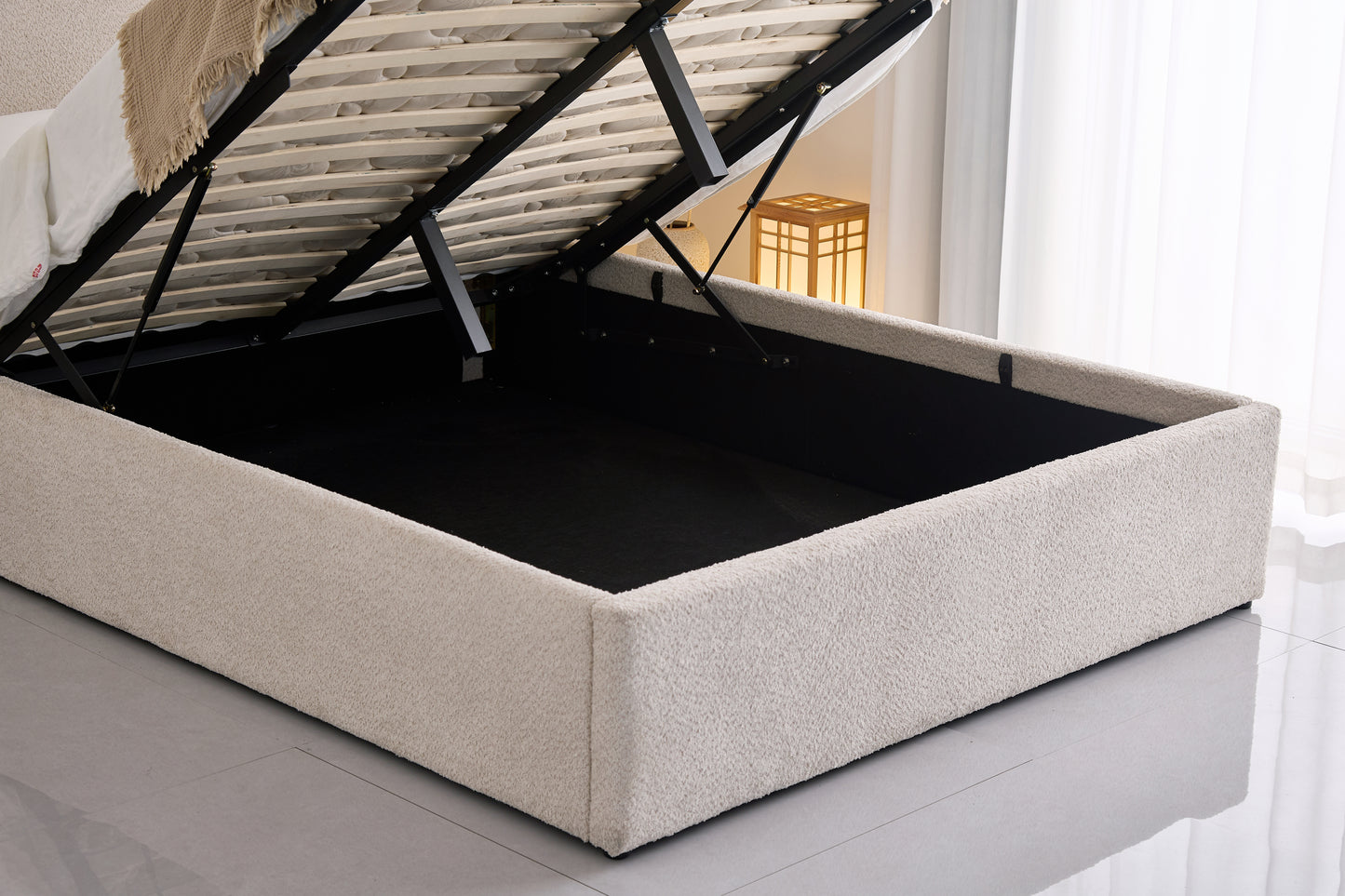 Diana Beige Boucle Upholstered Storage Queen Bed Frame