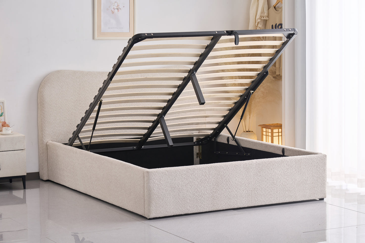 Diana Beige Boucle Upholstered Storage Queen Bed Frame