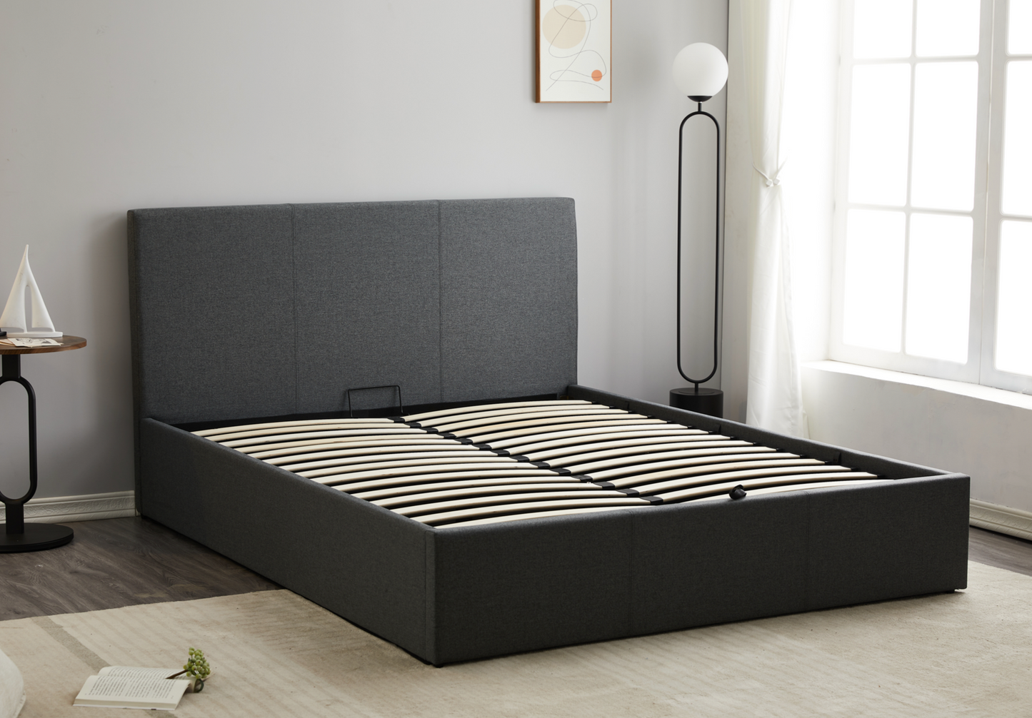 Monarch Grey Fabric Lift-up Storage Queen Bed Frame