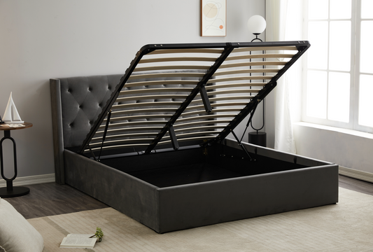 Kimberley Queen Dark Grey Velvet Wingback Lift-up Storage Bed Frame